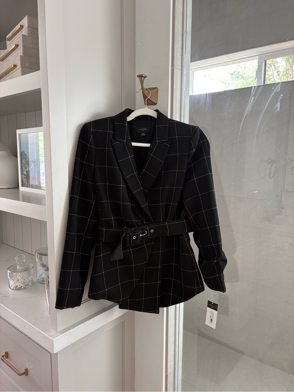 Tahari ASL Asymmetrical Belted Windowpane Skirt Suit Set